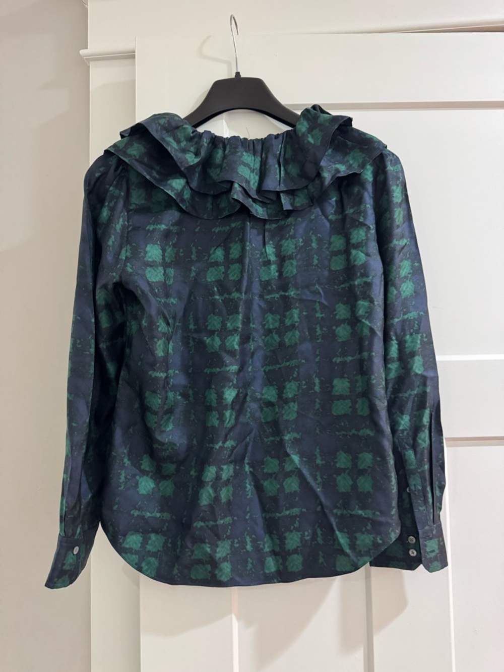 J CREW NWT Collection Silk Ruffle Navy Green Plaid Top Blouse Size L - Picture 3 of 7
